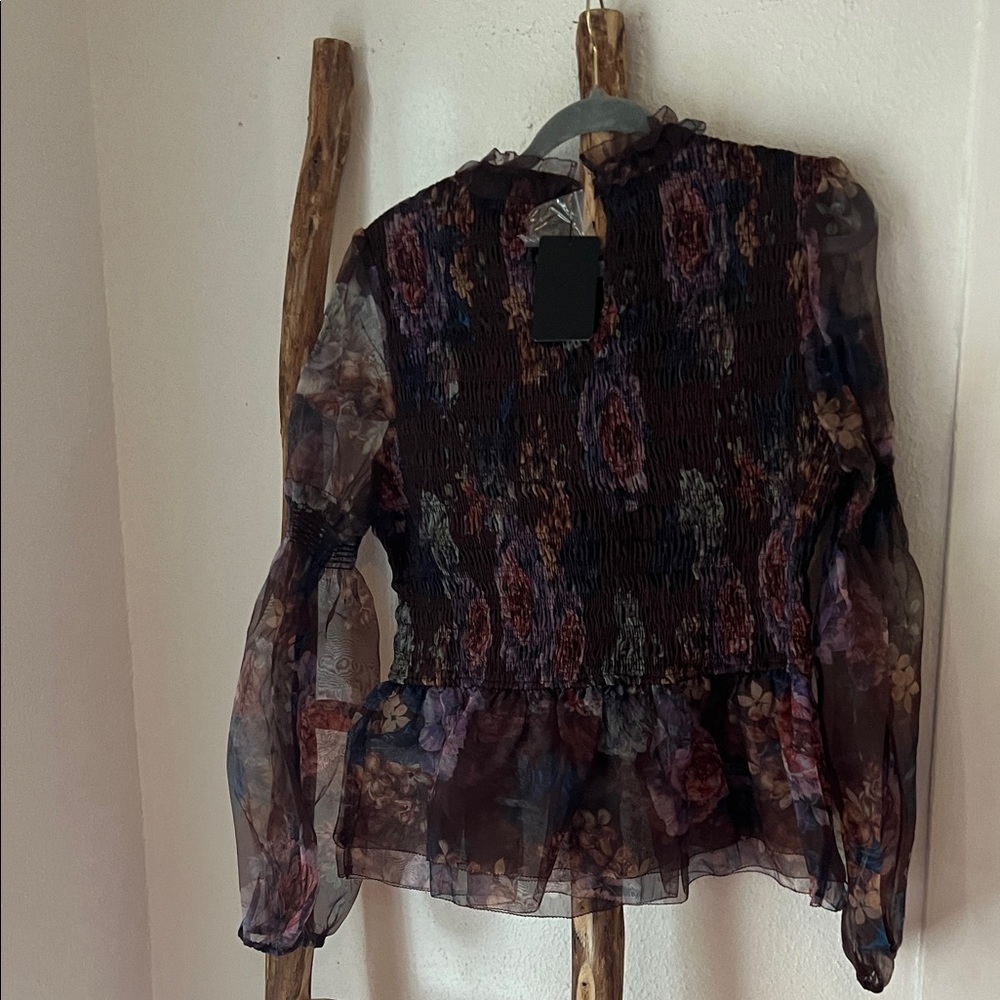 Fate Dark Brown Floral Smocked Sheer Peplum Blouse - Chocolate, Purple XL NWT - Picture 7 of 10